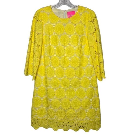 Lilly Pulitzer Mariella Dress Floral Scallop Eyelet Yellow Size 0 - Picture 4 of 12